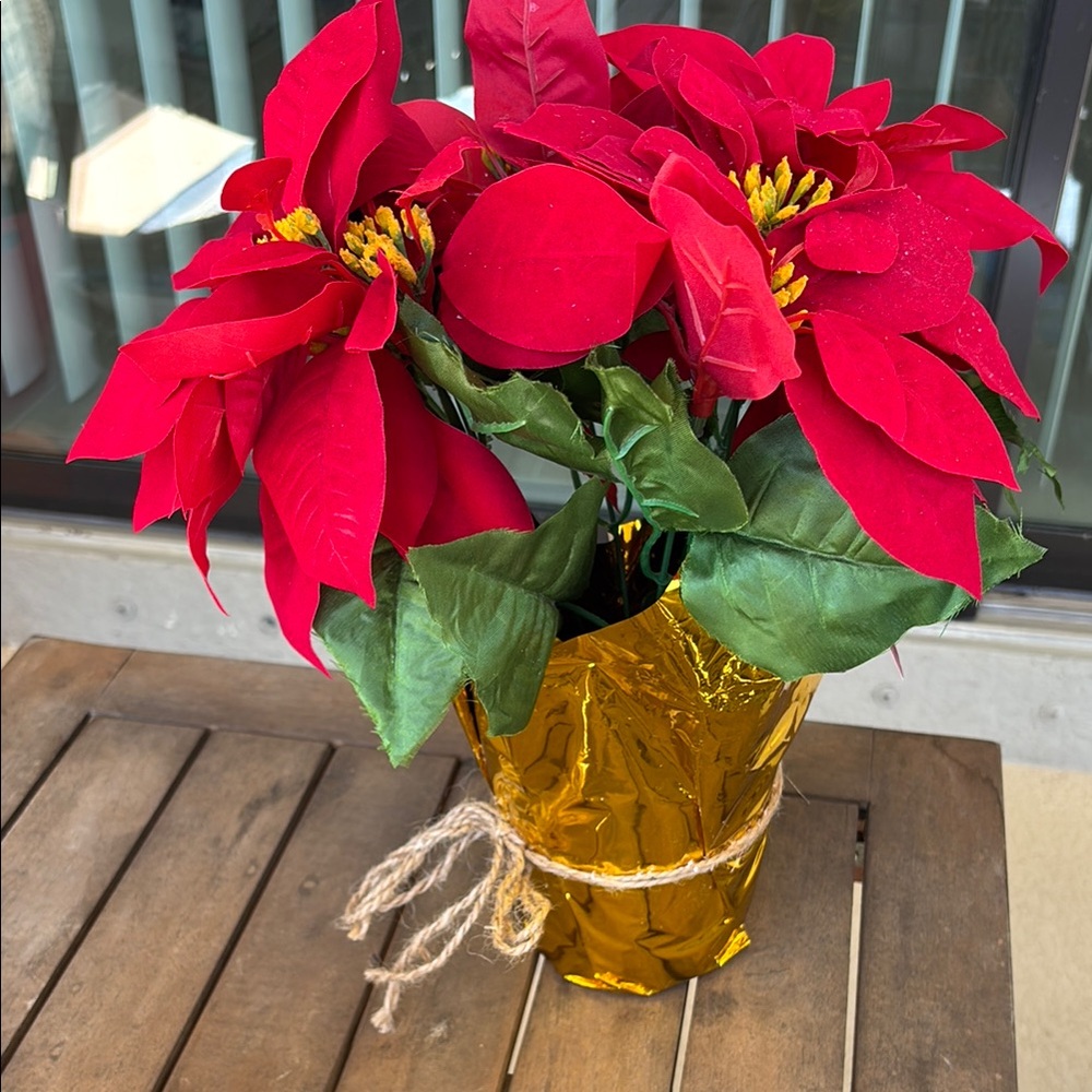 Artificial Poinsettia with Gold Wrapped Pot